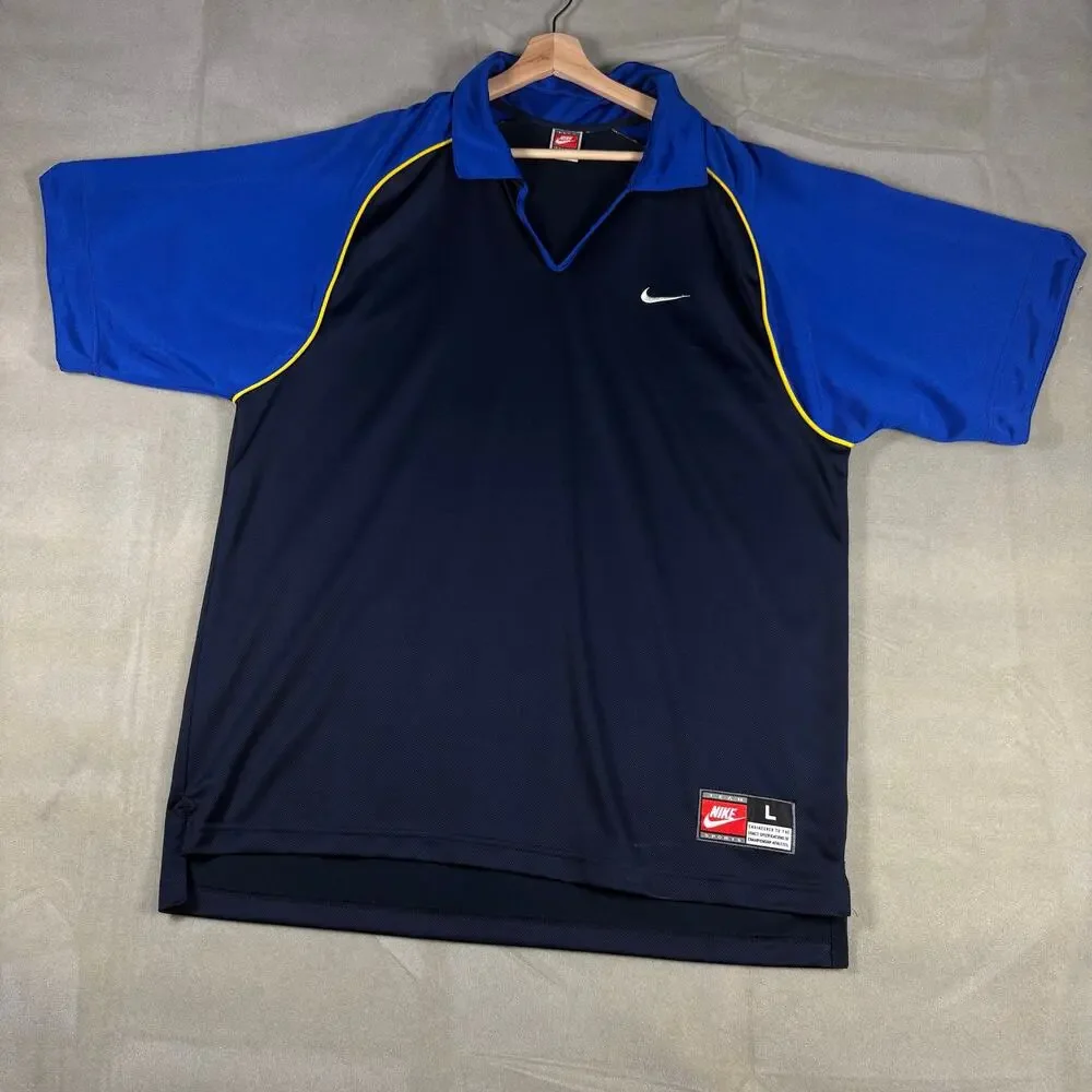 Nike Y2K Colorblock Polo Shirt Mens L Navy Blue Yellow Swoosh Athletic Vintage